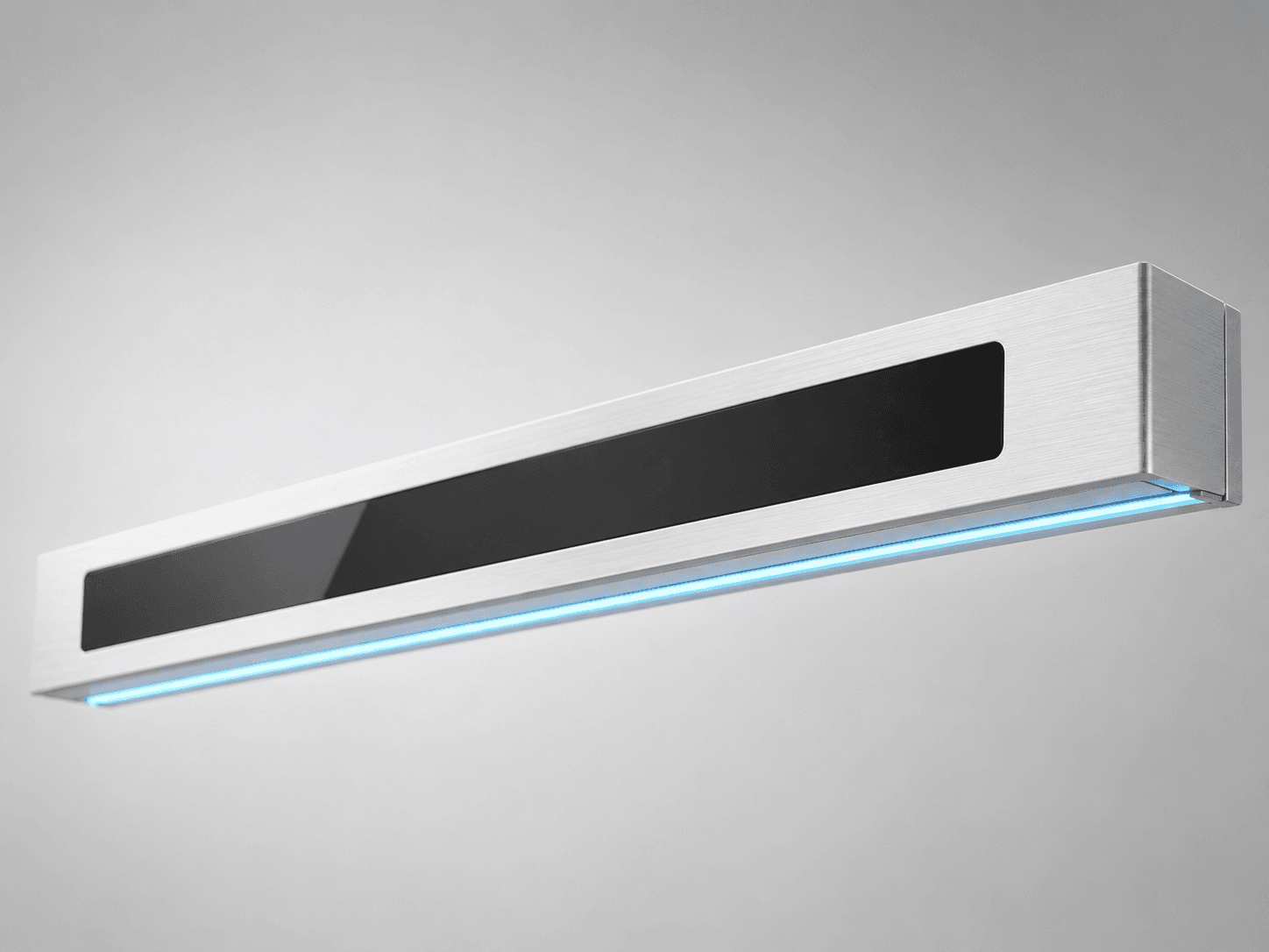 The Bar, a slim brushed-metal bar with a dark glass front and a blue light strip