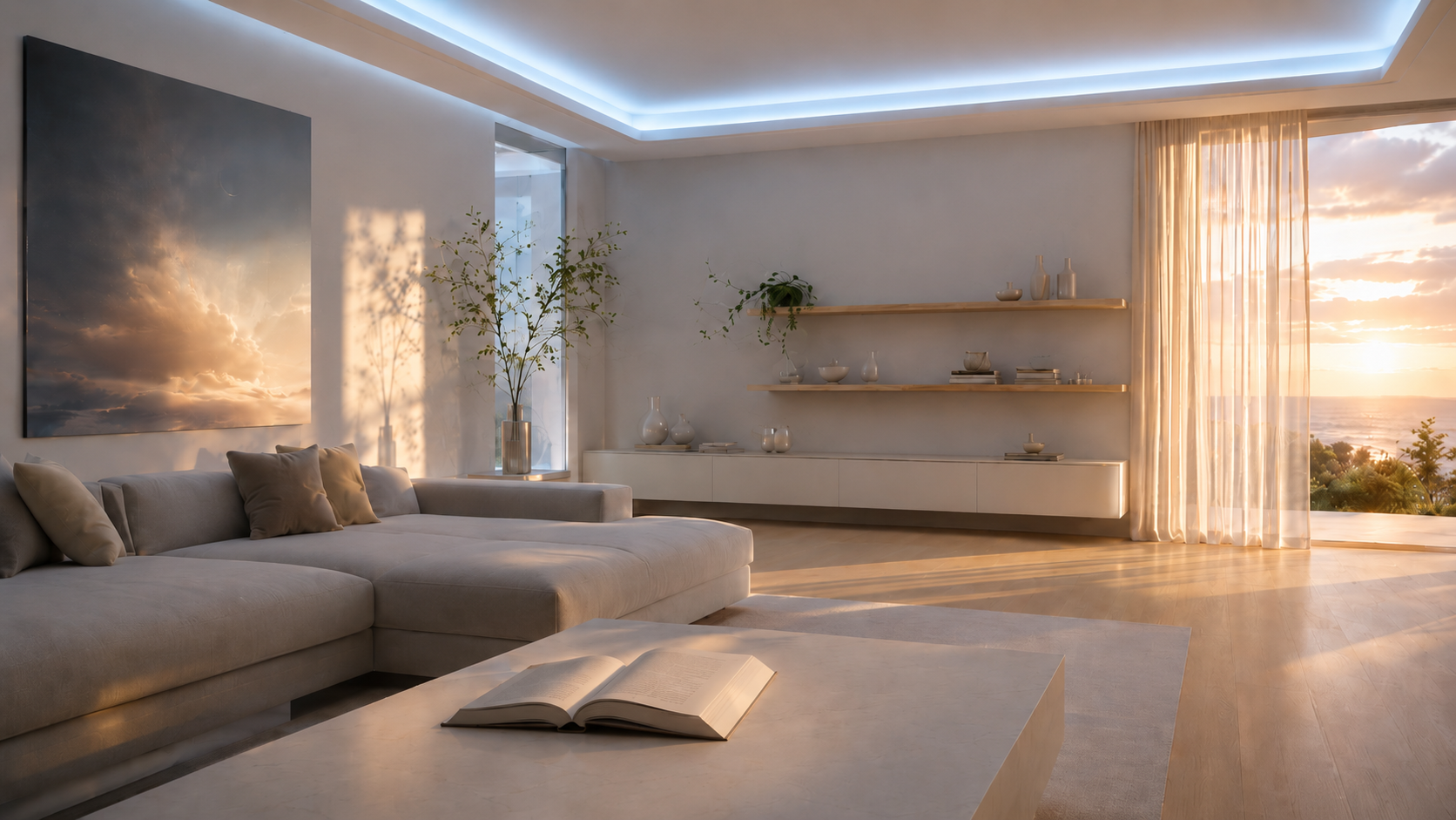 A minimalist living-room interior at golden hour with soft celestial-blue ambient light