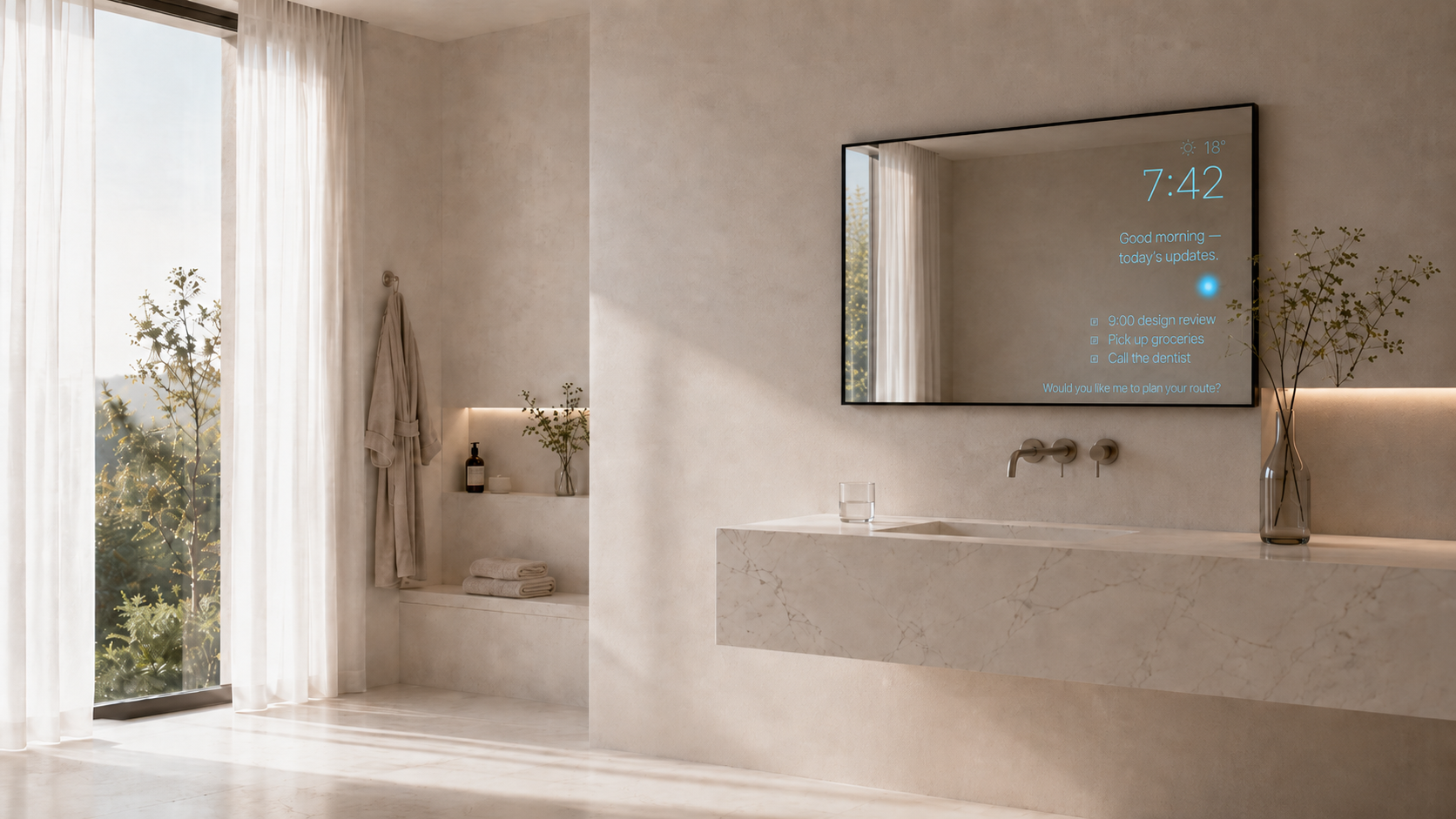 The Smart Mirror set into a bathroom wall, ambient HUD on glass