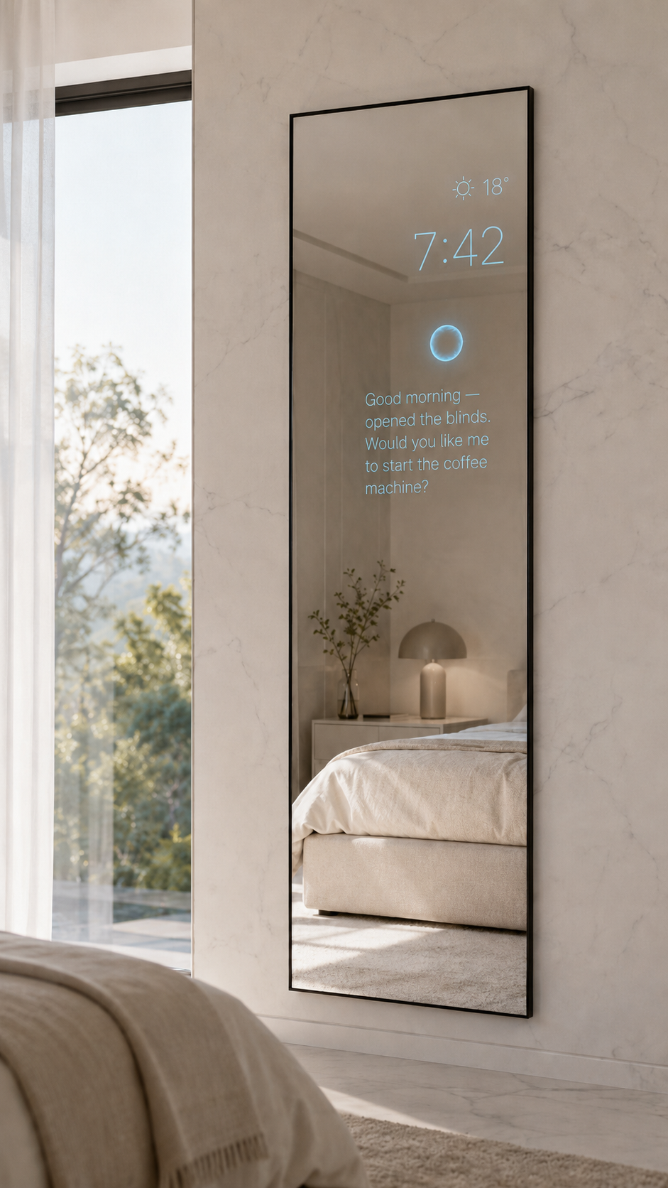 A full-length wall mirror with a delicate celestial-blue HUD overlay showing weather and time
