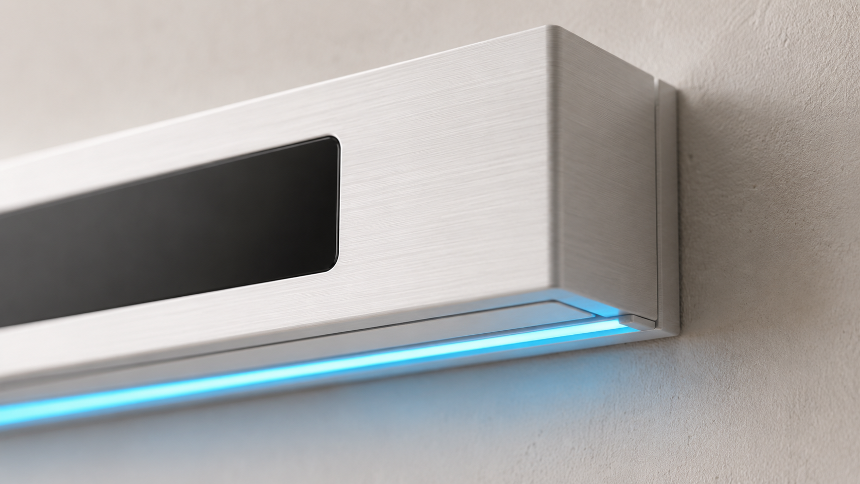 Macro close-up of the LED indicator strip and wall-mount seam